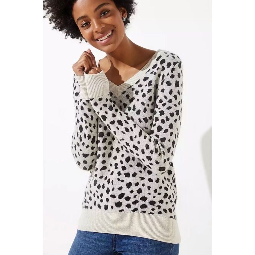 LOFT Women’s Leopard Cream and Black Patterned V-Neck Sweater Small